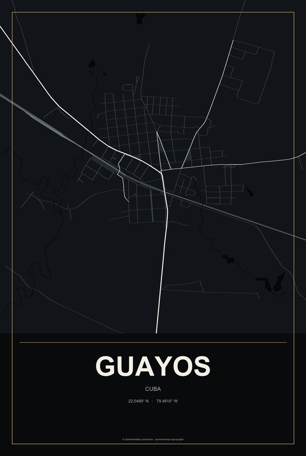 Guayos, Cuba City Map Aluminum Sign in Metropolitan Noir style