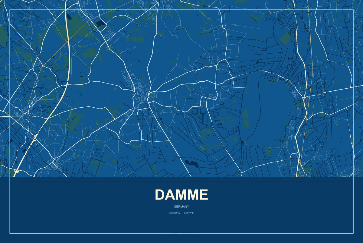 Damme, Germany City Map Aluminum Sign in Harbor Cobalt style
