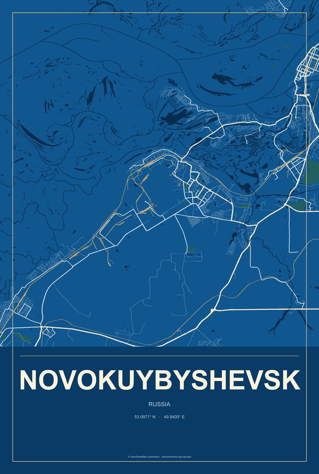 Novokuybyshevsk, Russia City Map Aluminum Sign in Harbor Cobalt style