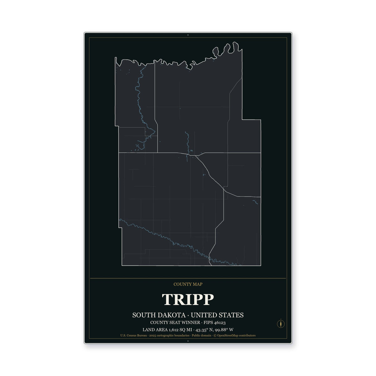 Tripp County, South Dakota Map Aluminum Sign in Metropolitan Noir style