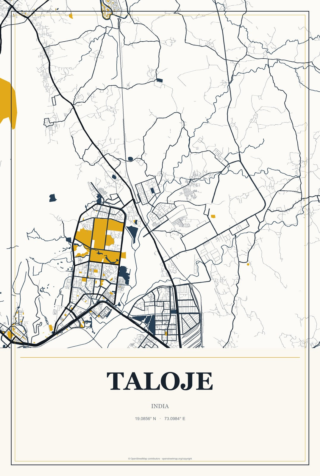 Taloje, India City Map Aluminum Sign in Citrine Modern style