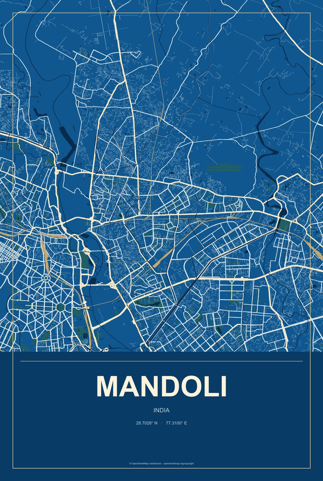 Mandoli, India City Map Aluminum Sign in Harbor Cobalt style