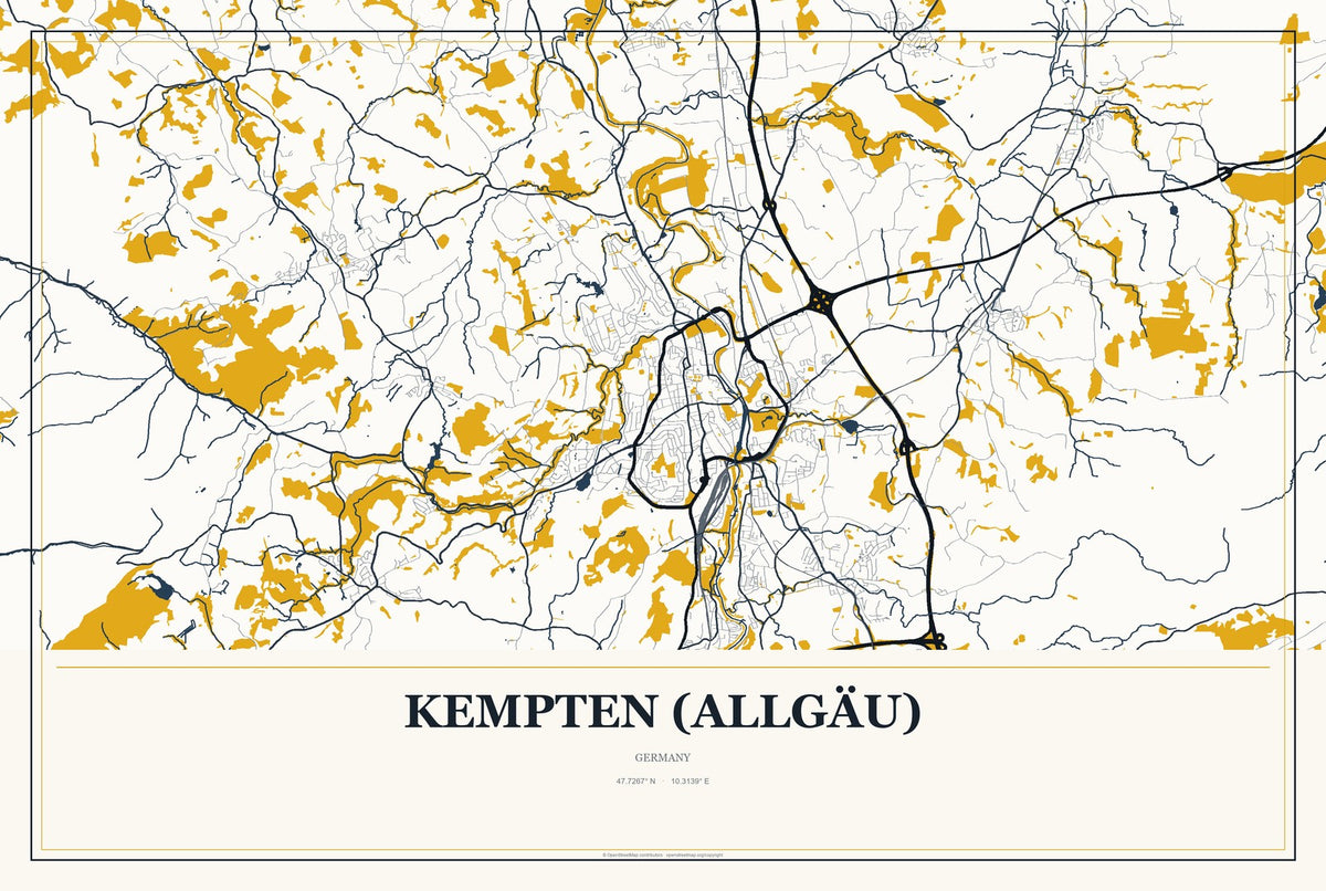 Kempten (Allgäu), Germany City Map Aluminum Sign in Citrine Modern style