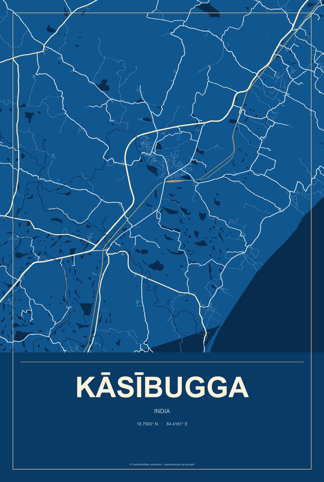 Kāsībugga, India City Map Aluminum Sign in Harbor Cobalt style
