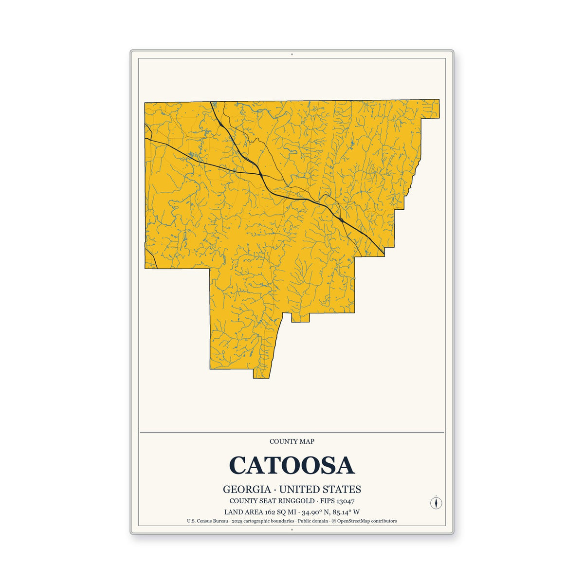 Catoosa County, Georgia Map Aluminum Sign in Citrine Modern style