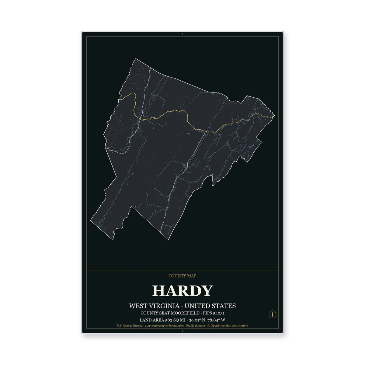 Hardy County, West Virginia Map Aluminum Sign in Metropolitan Noir style