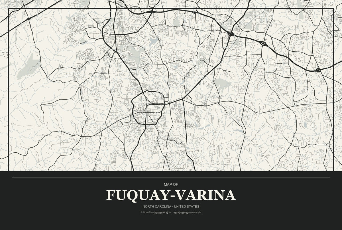 Fuquay-Varina, North Carolina City Map Aluminum Sign in Museum Plaque style