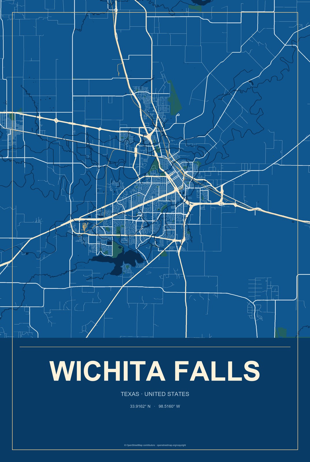 Wichita Falls, Texas City Map Aluminum Sign in Harbor Cobalt style