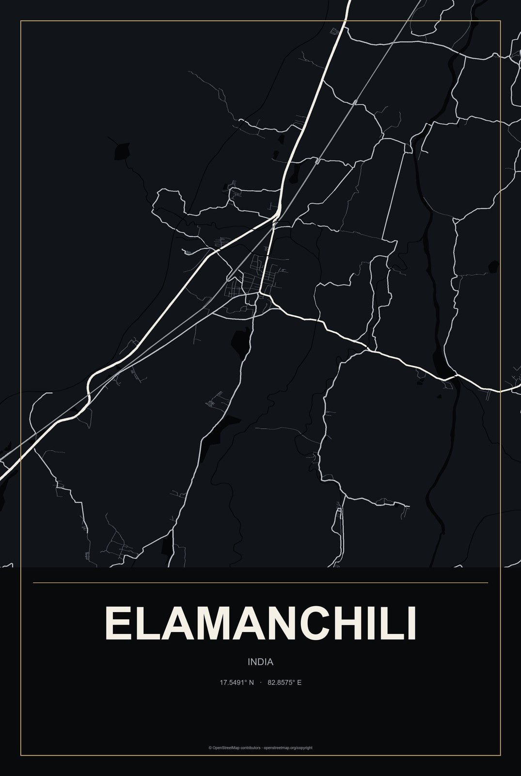 Elamanchili, India City Map Aluminum Sign in Metropolitan Noir style