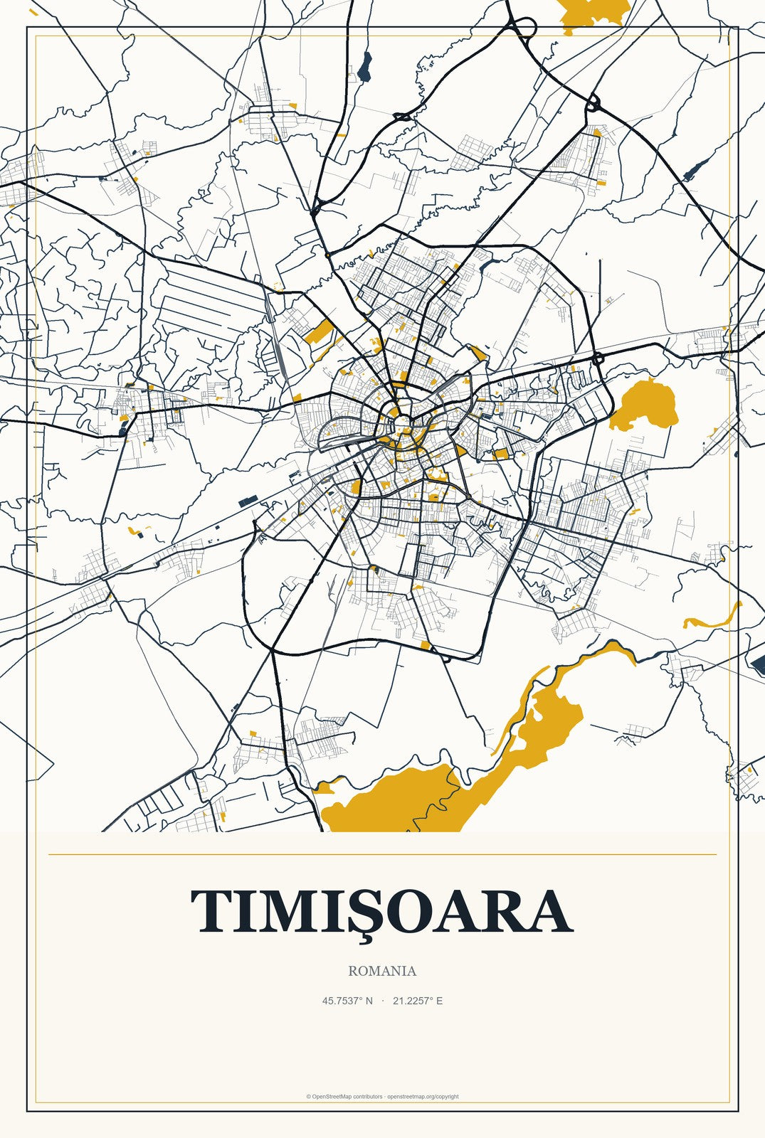 Timişoara, Romania City Map Aluminum Sign in Citrine Modern style