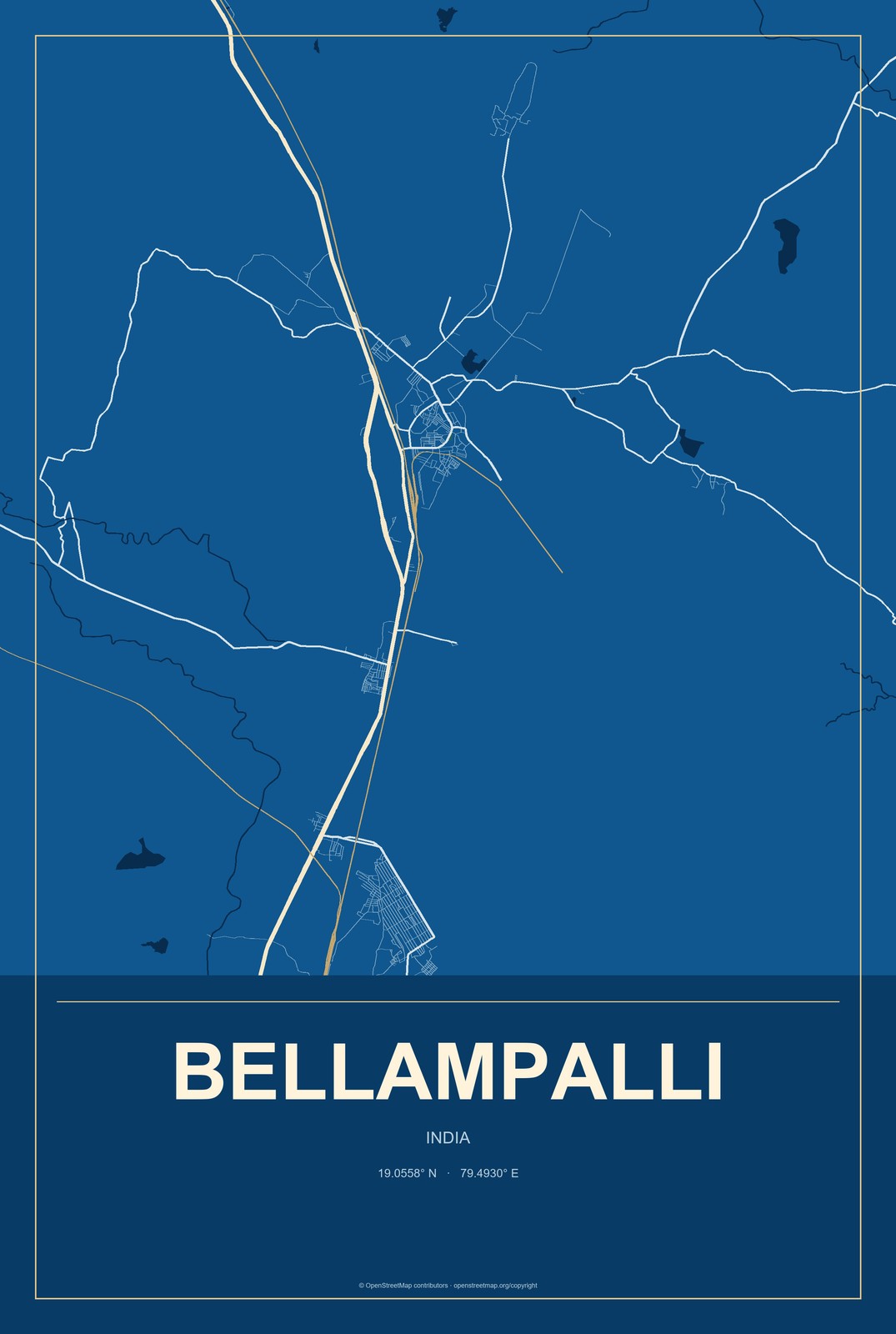 Bellampalli, India City Map Aluminum Sign in Harbor Cobalt style