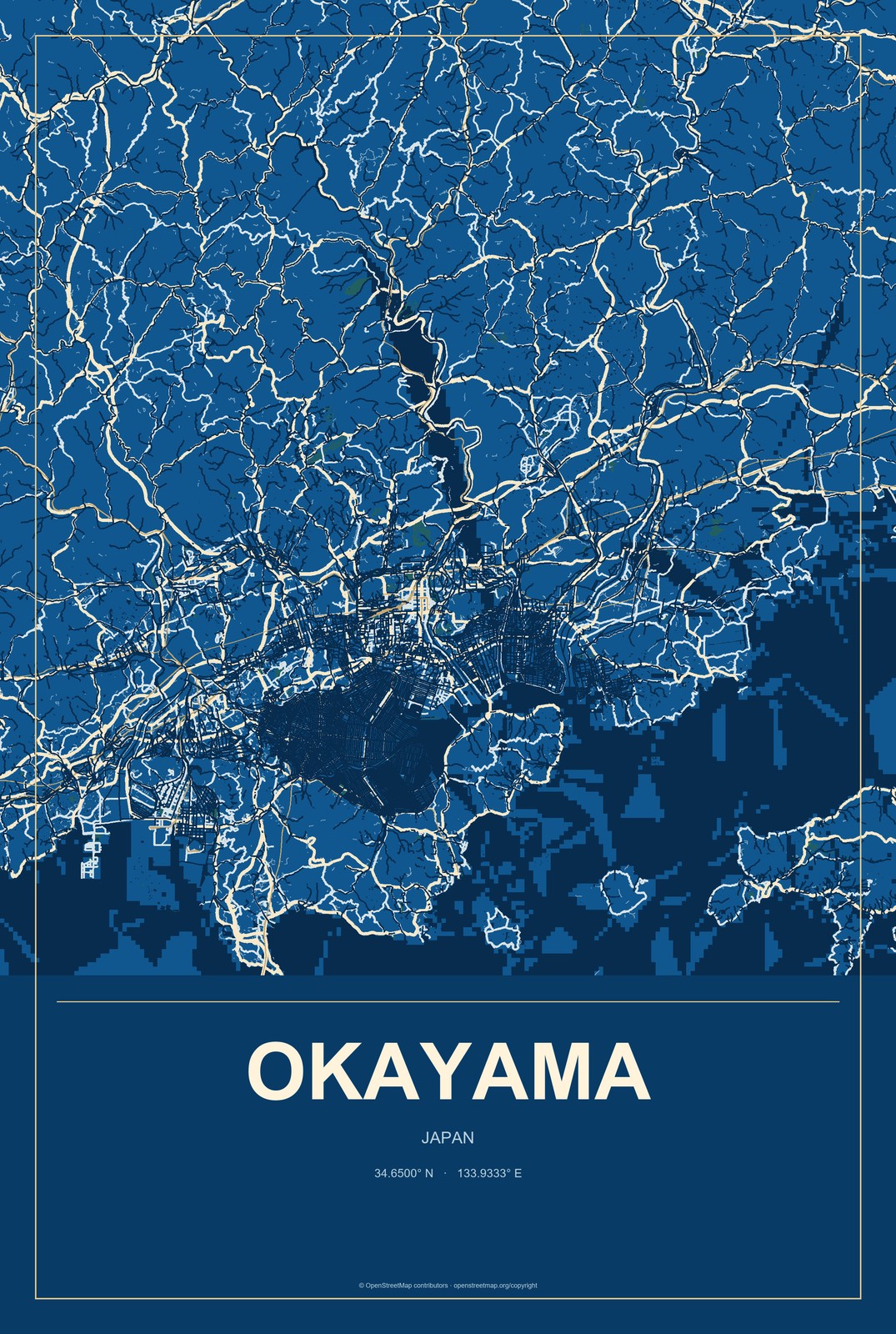 Okayama, Japan City Map Aluminum Sign in Harbor Cobalt style