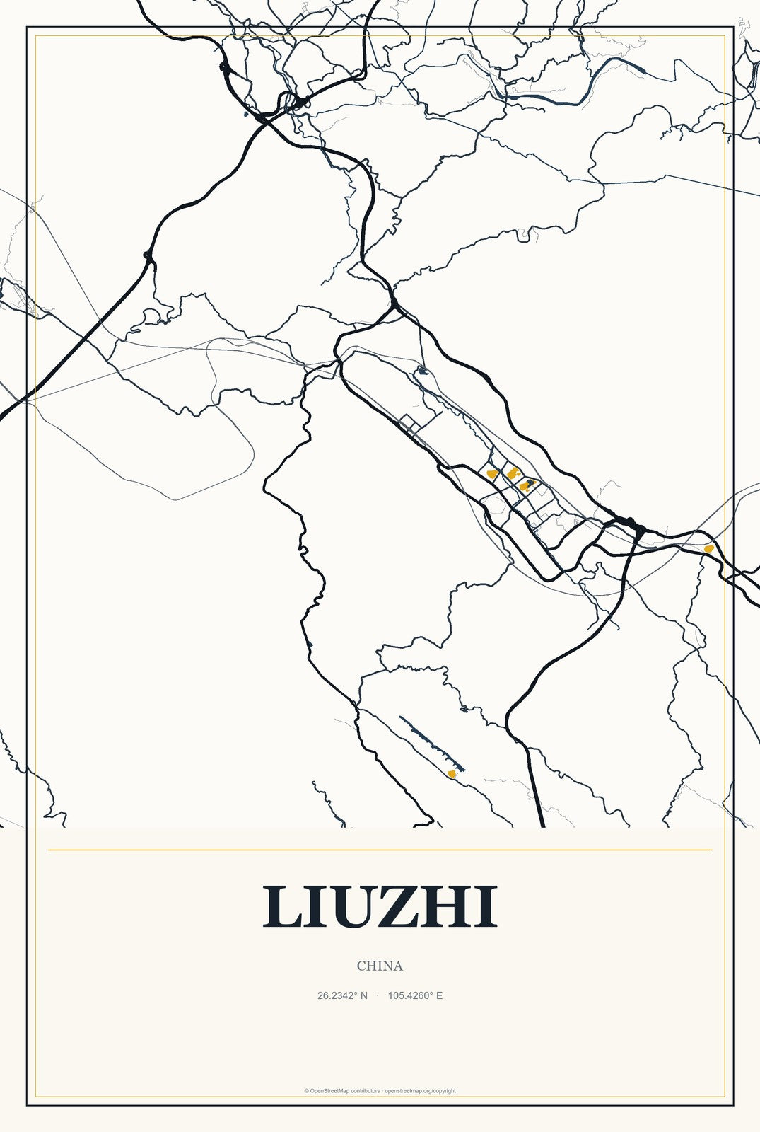 Liuzhi, China City Map Aluminum Sign in Citrine Modern style