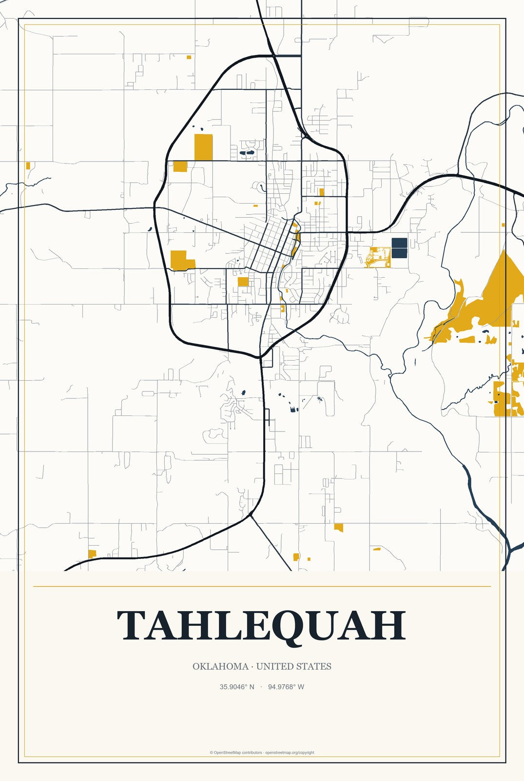 Tahlequah, Oklahoma City Map Aluminum Sign in Citrine Modern style