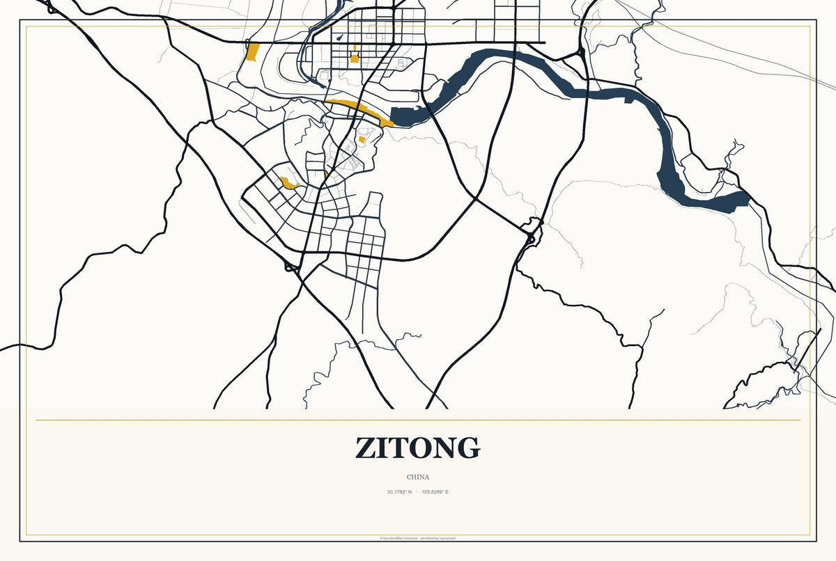 Zitong, China City Map Aluminum Sign in Citrine Modern style
