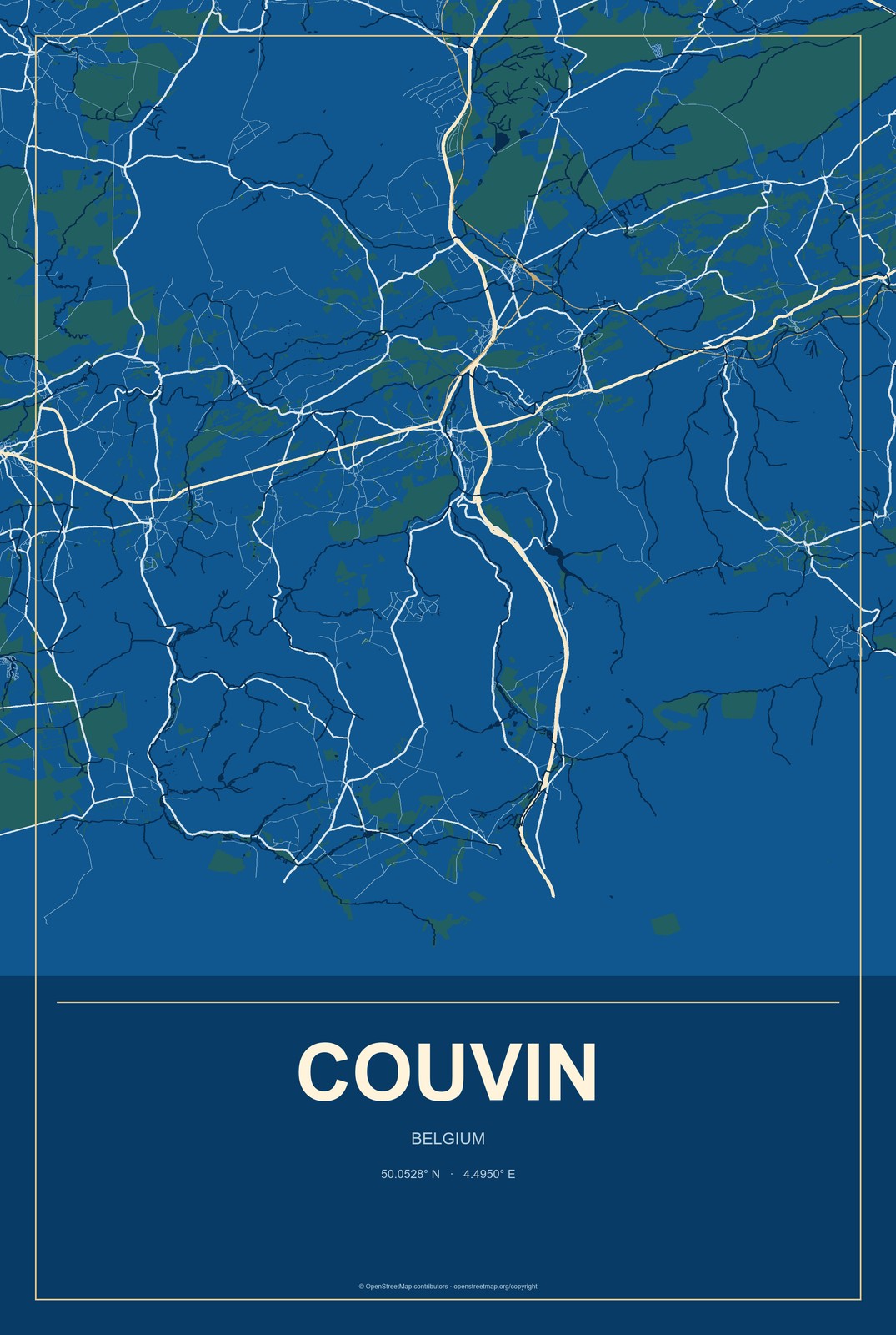 Couvin, Belgium City Map Aluminum Sign in Harbor Cobalt style