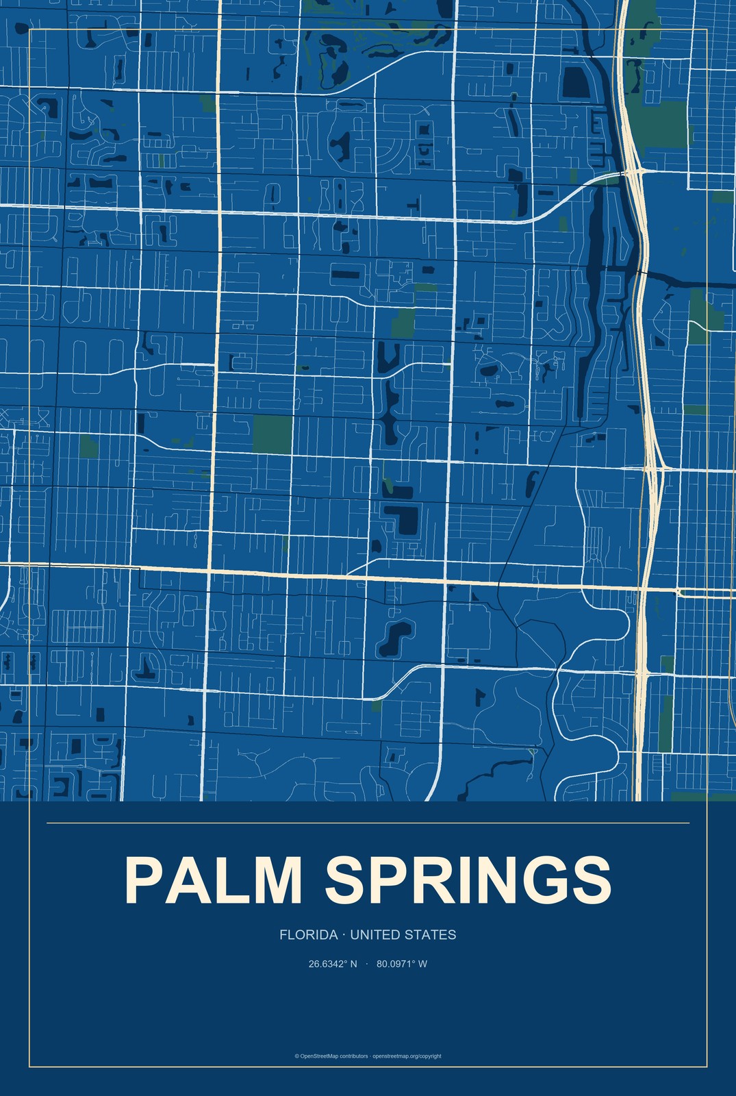 Palm Springs, Florida City Map Aluminum Sign in Harbor Cobalt style