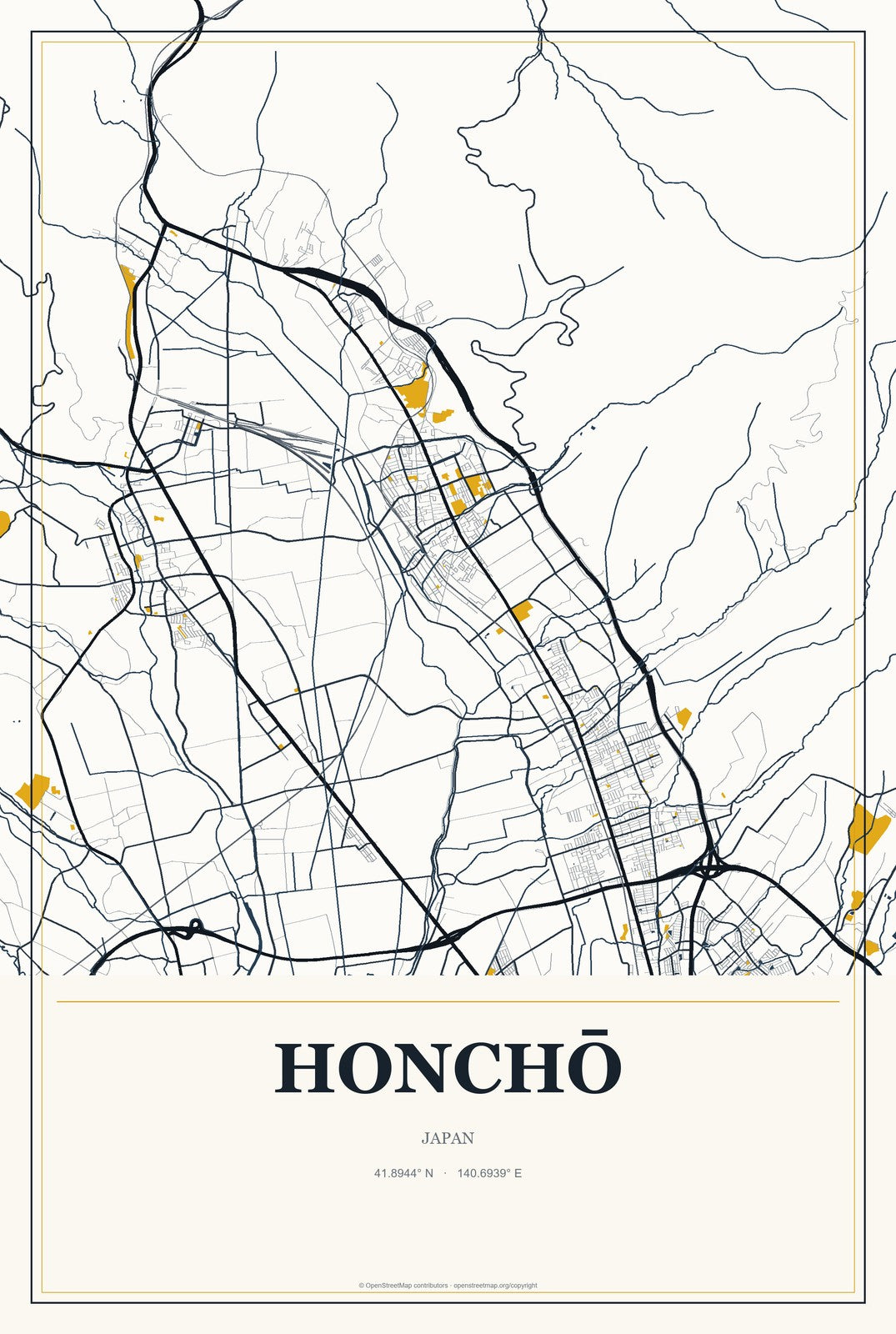Honchō, Japan City Map Aluminum Sign in Citrine Modern style