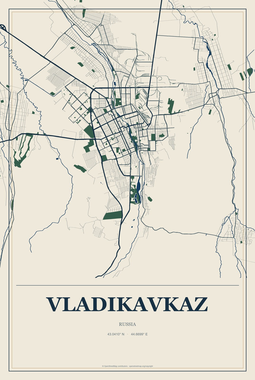 Vladikavkaz, Russia City Map Aluminum Sign in Coastal Cutout style