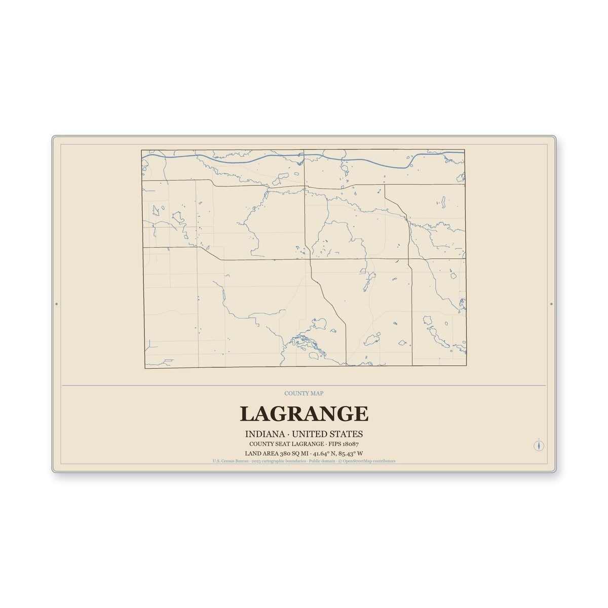 LaGrange County, Indiana Map Aluminum Sign in Heritage Nautical style