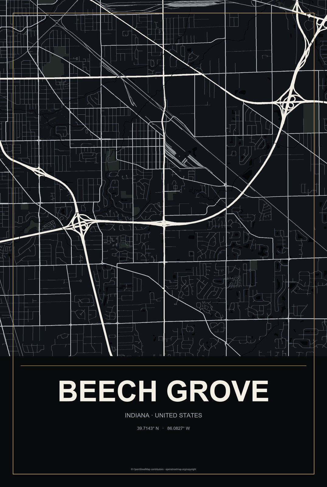Beech Grove, Indiana City Map Aluminum Sign in Metropolitan Noir style