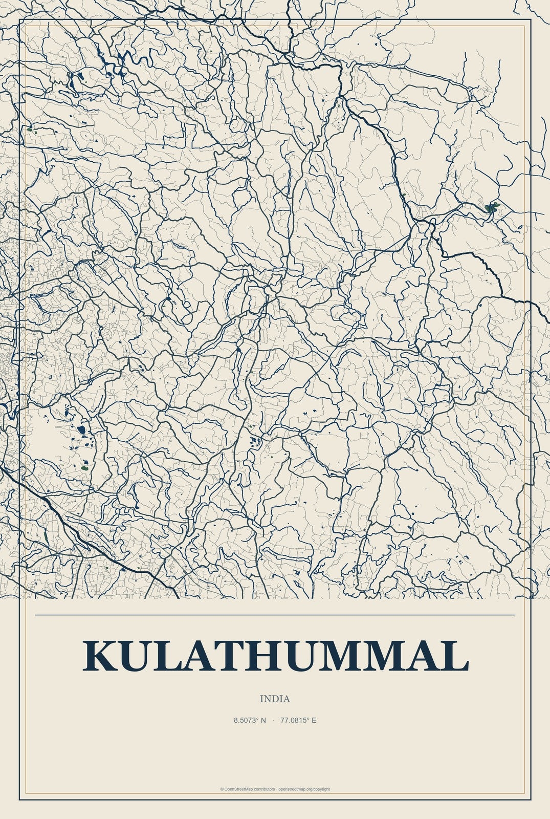 Kulathummal, India City Map Aluminum Sign in Coastal Cutout style