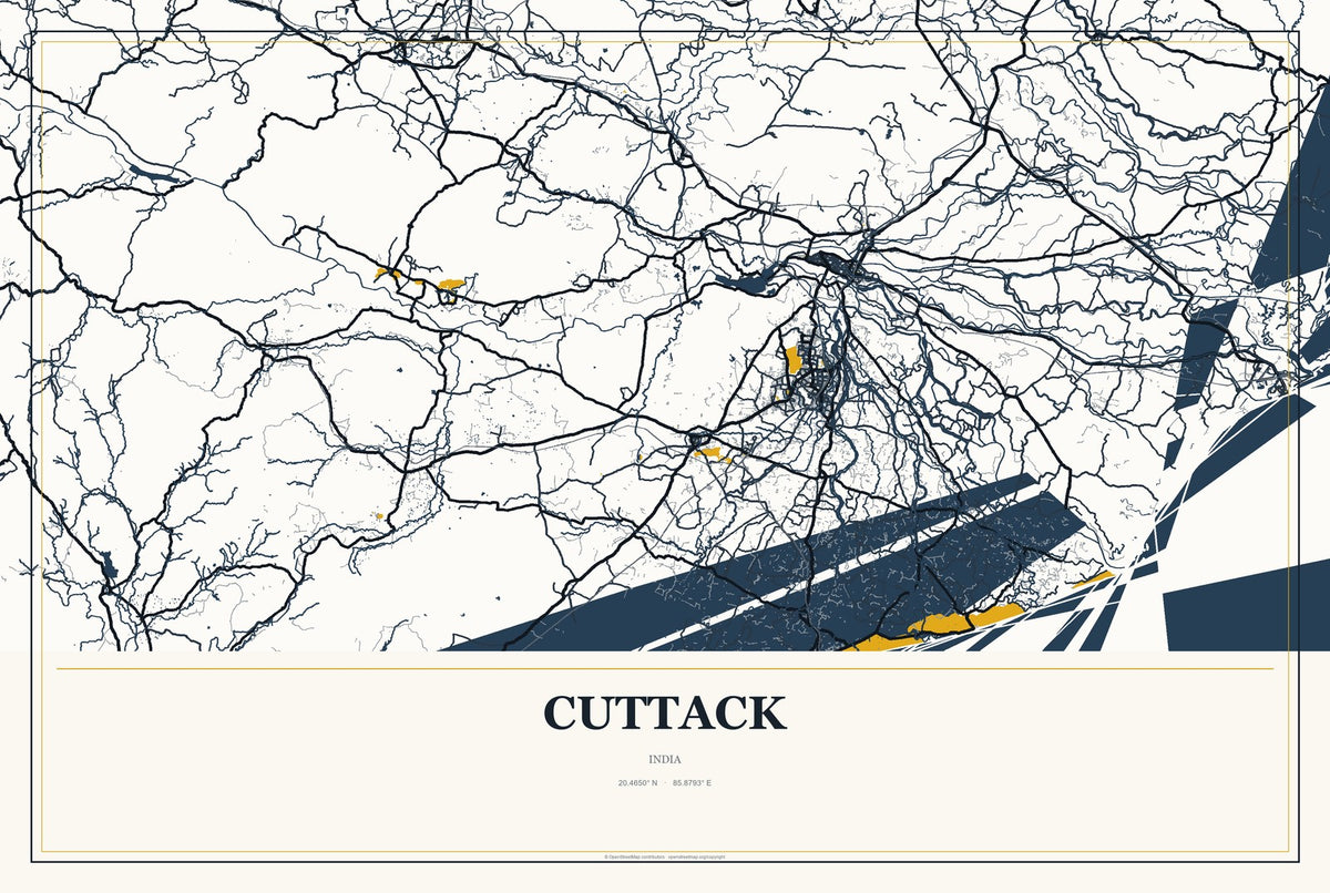 Cuttack, India City Map Aluminum Sign in Citrine Modern style