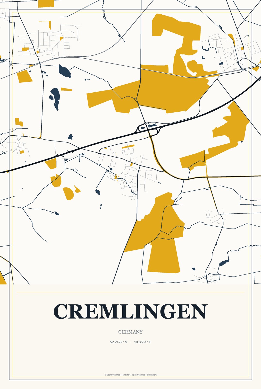 Cremlingen, Germany City Map Aluminum Sign in Citrine Modern style
