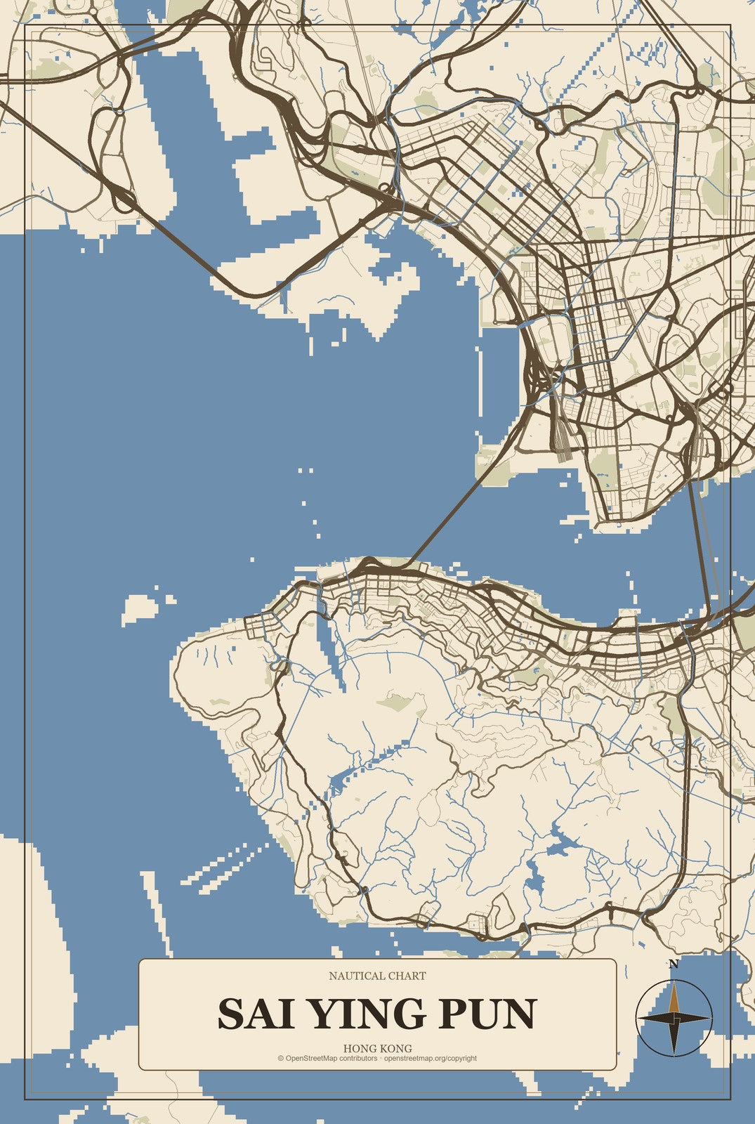 Sai Ying Pun, Hong Kong City Map Aluminum Sign in Heritage Nautical style