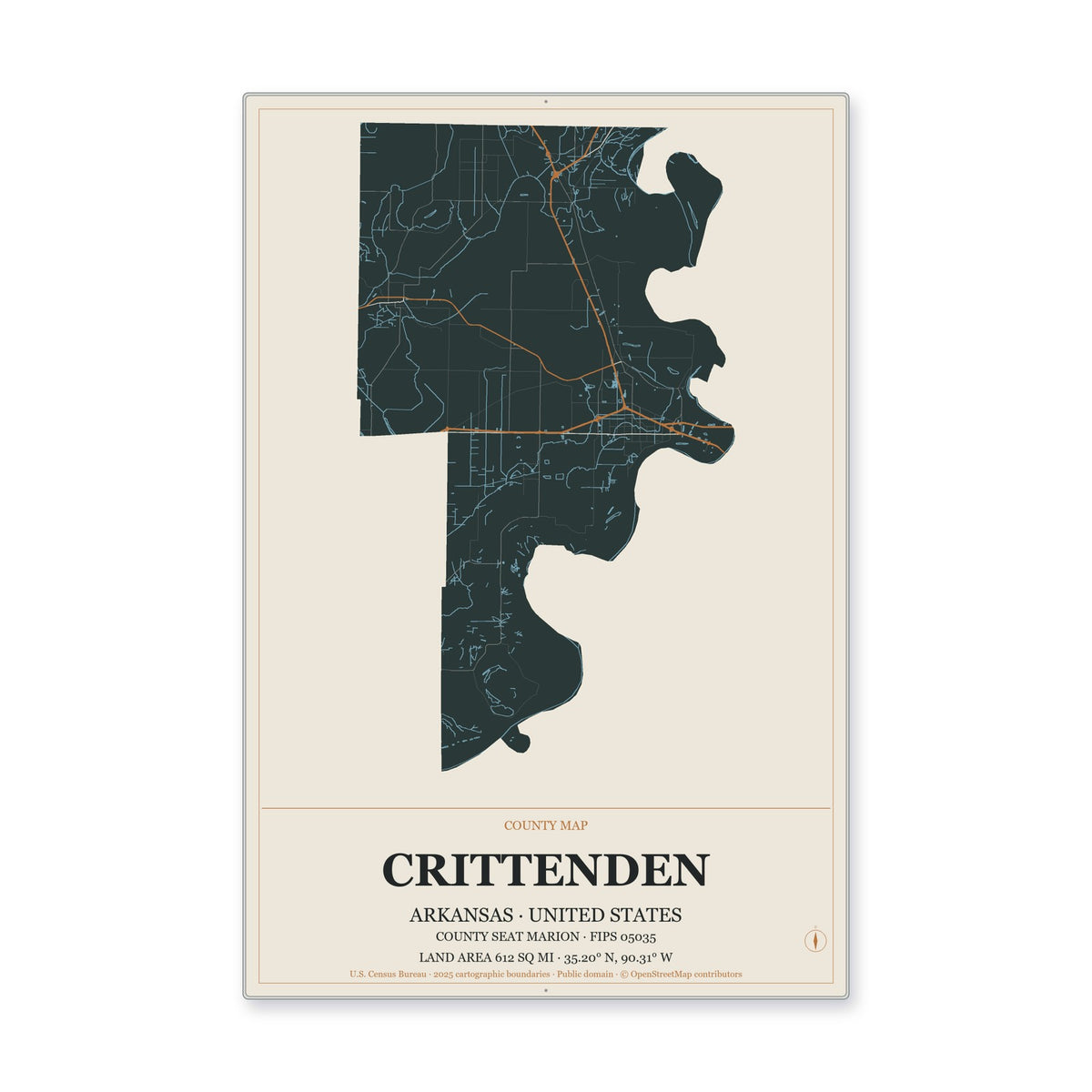 Crittenden County, Arkansas Map Aluminum Sign in Headline Atlas style