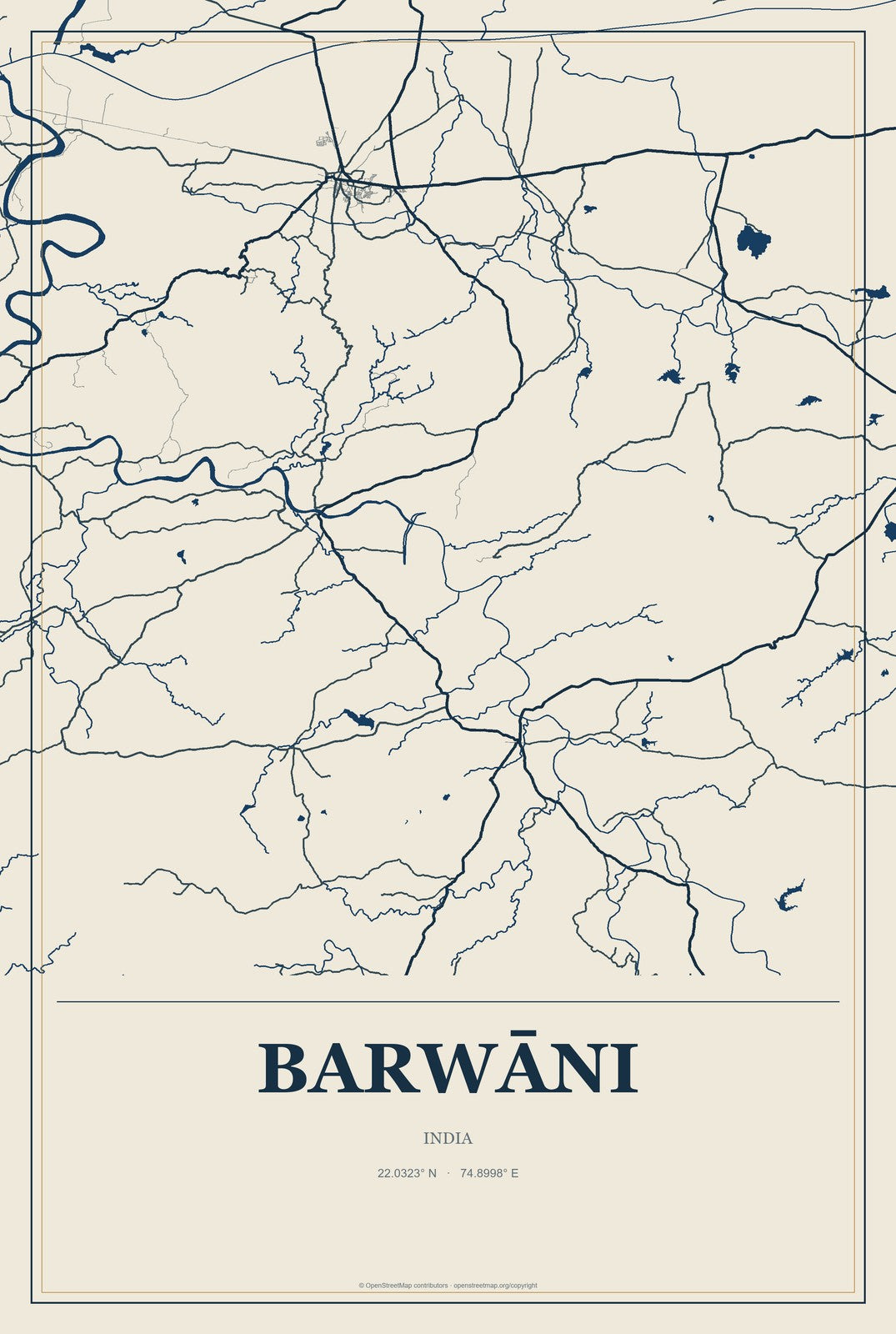 Barwāni, India City Map Aluminum Sign in Coastal Cutout style