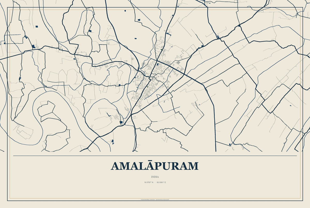 Amalāpuram, India City Map Aluminum Sign in Coastal Cutout style