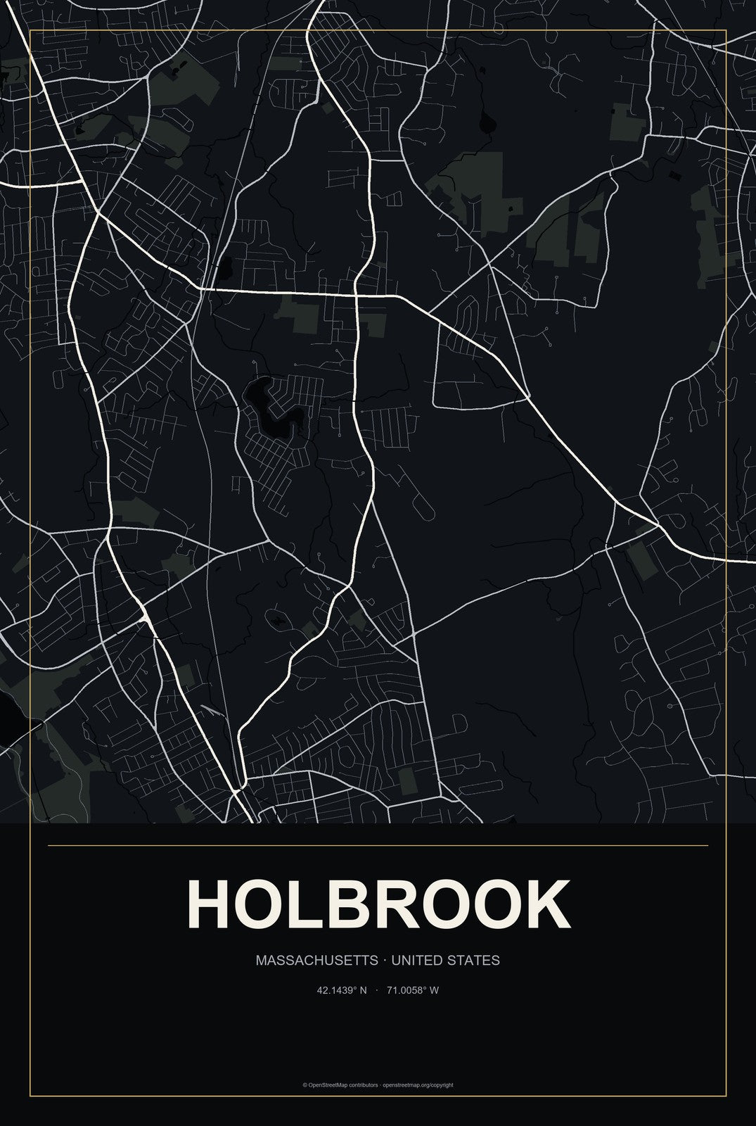 Holbrook, Massachusetts City Map Aluminum Sign in Metropolitan Noir style