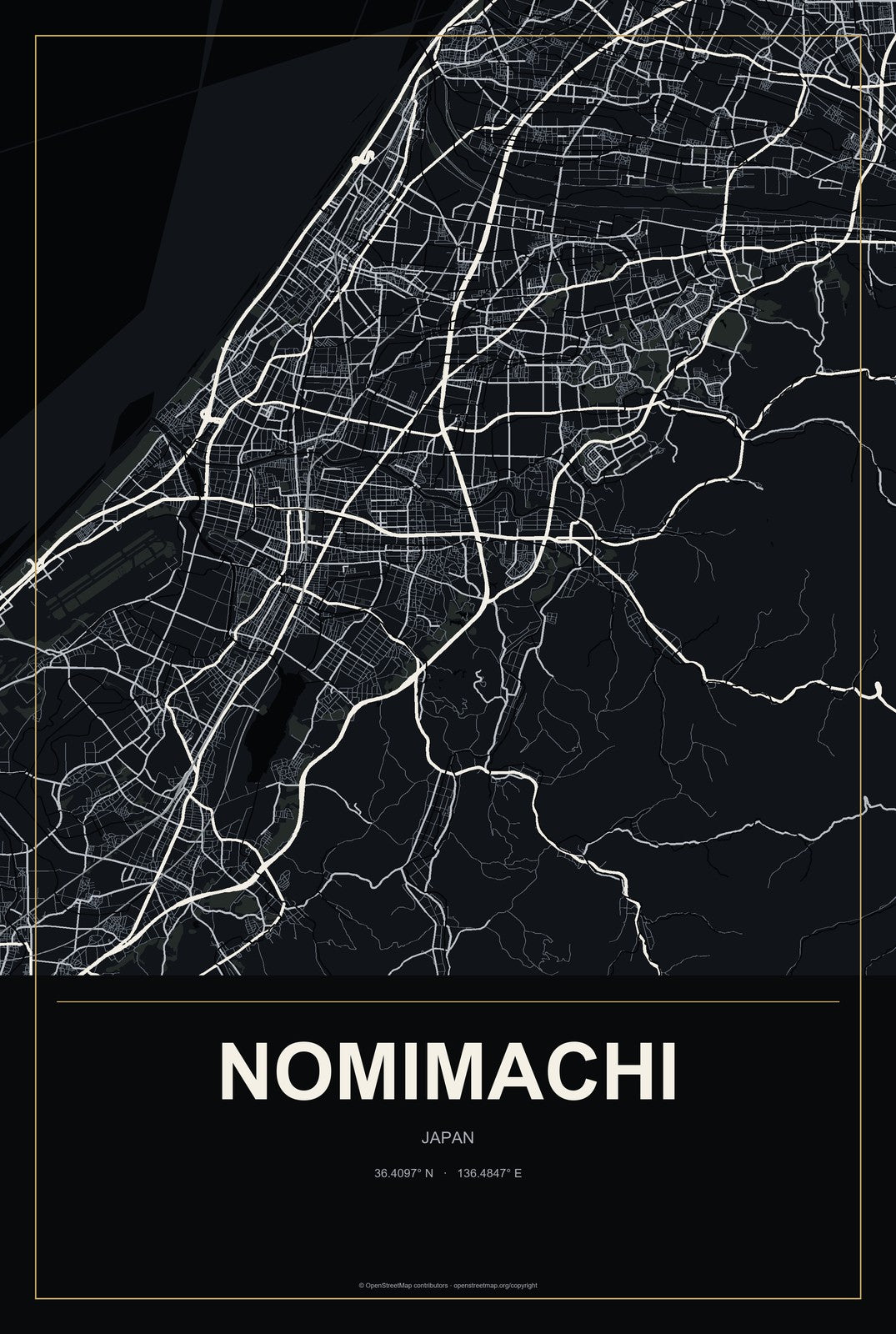Nomimachi, Japan City Map Aluminum Sign in Metropolitan Noir style