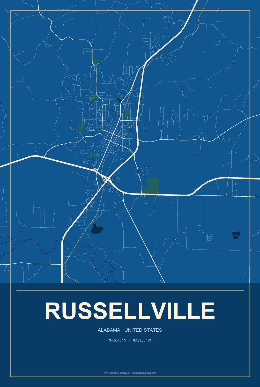 Russellville, Alabama City Map Aluminum Sign in Harbor Cobalt style