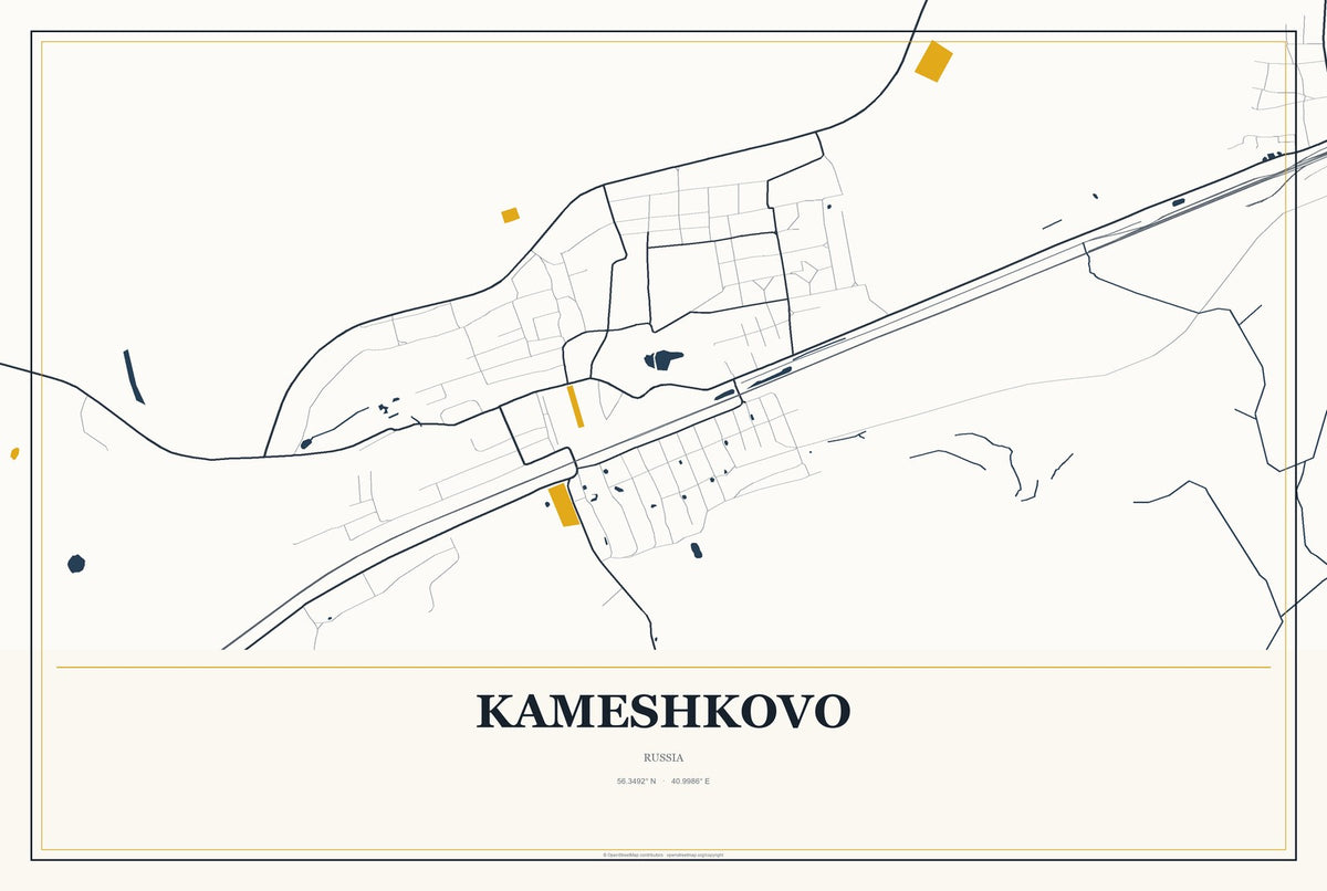 Kameshkovo, Russia City Map Aluminum Sign in Citrine Modern style