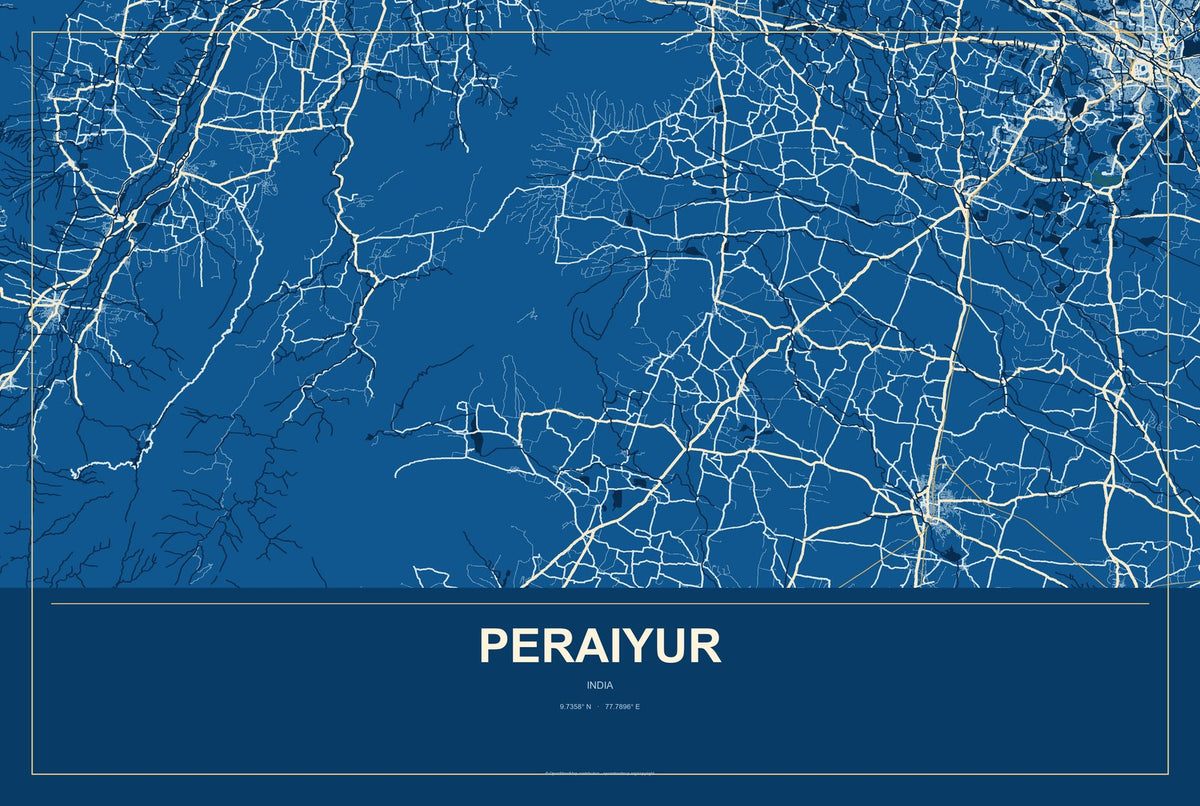 Peraiyur, India City Map Aluminum Sign in Harbor Cobalt style
