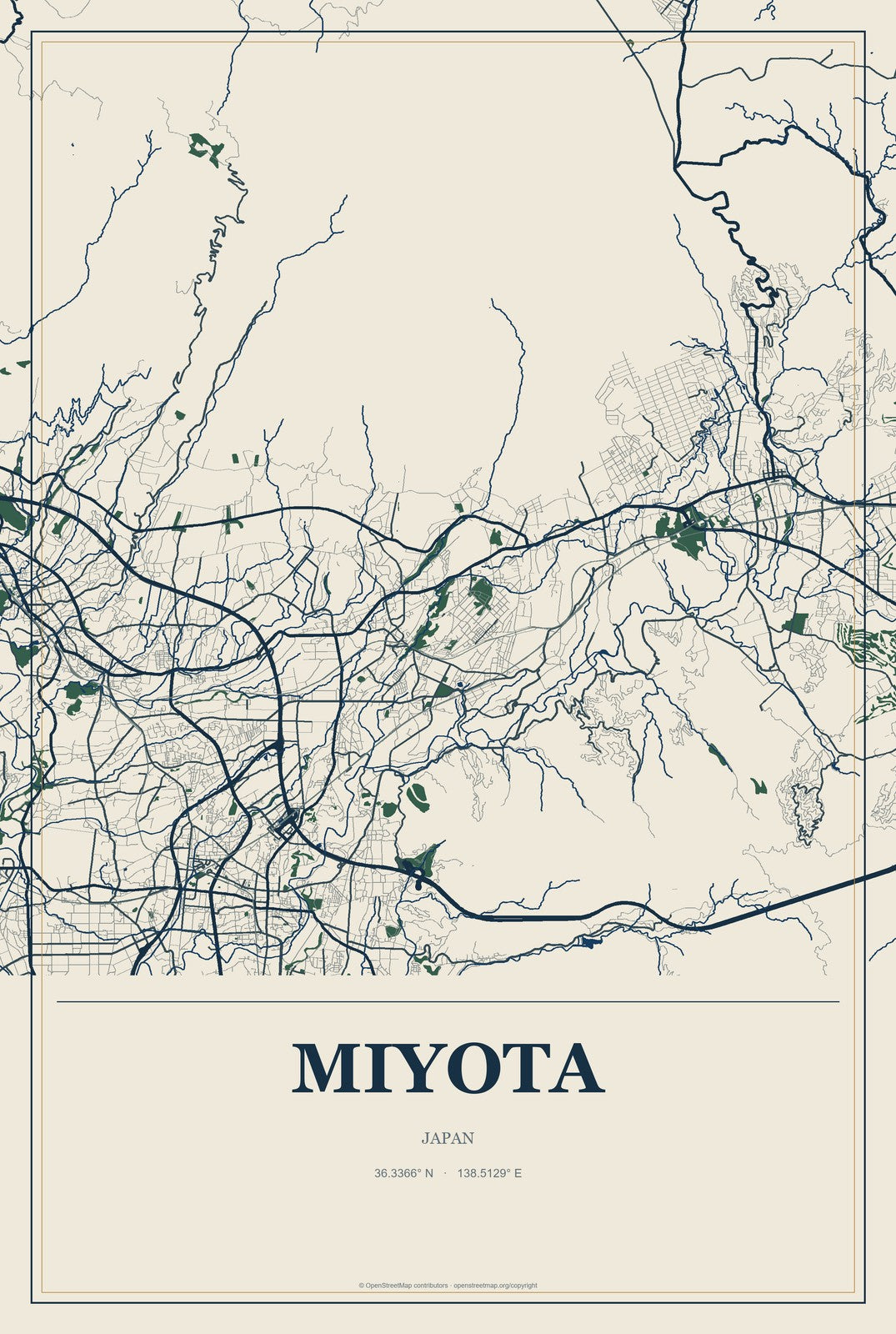 Miyota, Japan City Map Aluminum Sign in Coastal Cutout style