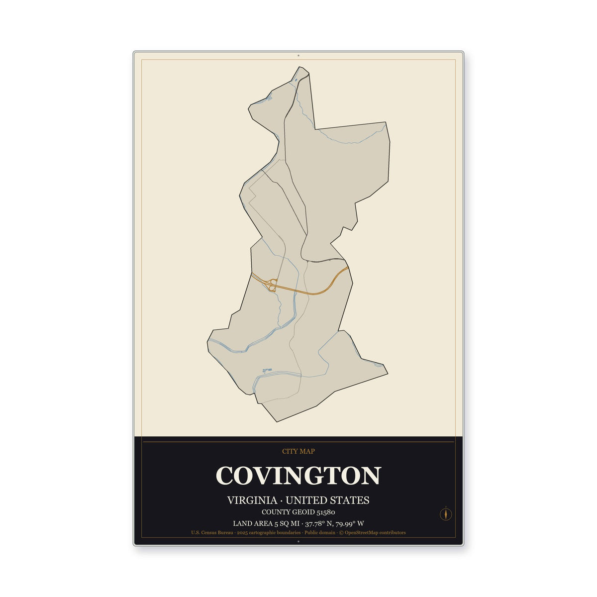 Covington city, Virginia Map Aluminum Sign in Museum Plaque style