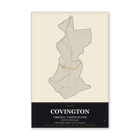 Covington city, Virginia Map Aluminum Sign in Museum Plaque style