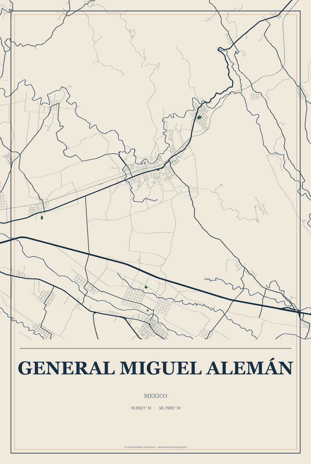 General Miguel Alemán, Mexico City Map Aluminum Sign in Coastal Cutout style