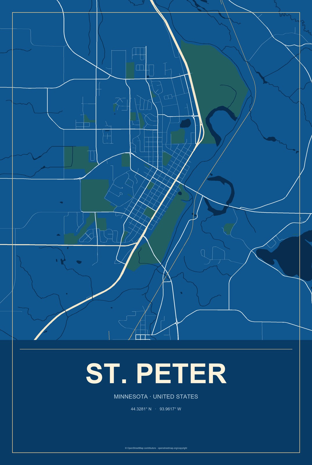 St. Peter, Minnesota City Map Aluminum Sign in Harbor Cobalt style