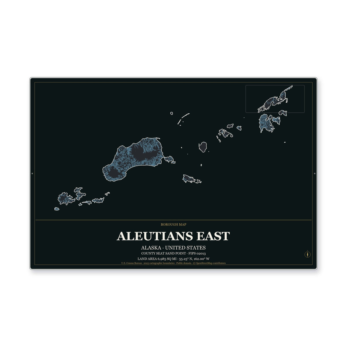 Aleutians East Borough, Alaska Map Aluminum Sign in Metropolitan Noir style