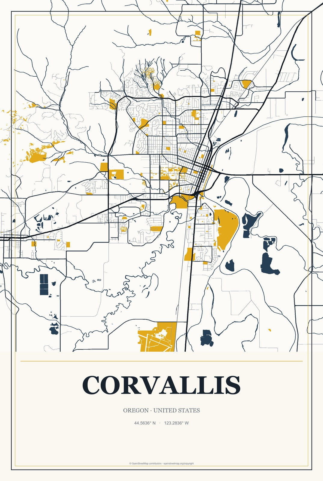 Corvallis, Oregon City Map Aluminum Sign in Citrine Modern style
