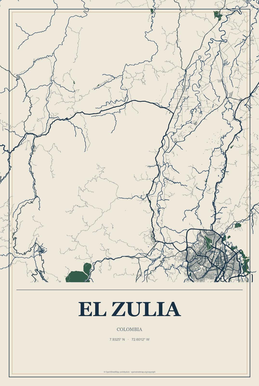 El Zulia, Colombia City Map Aluminum Sign in Coastal Cutout style