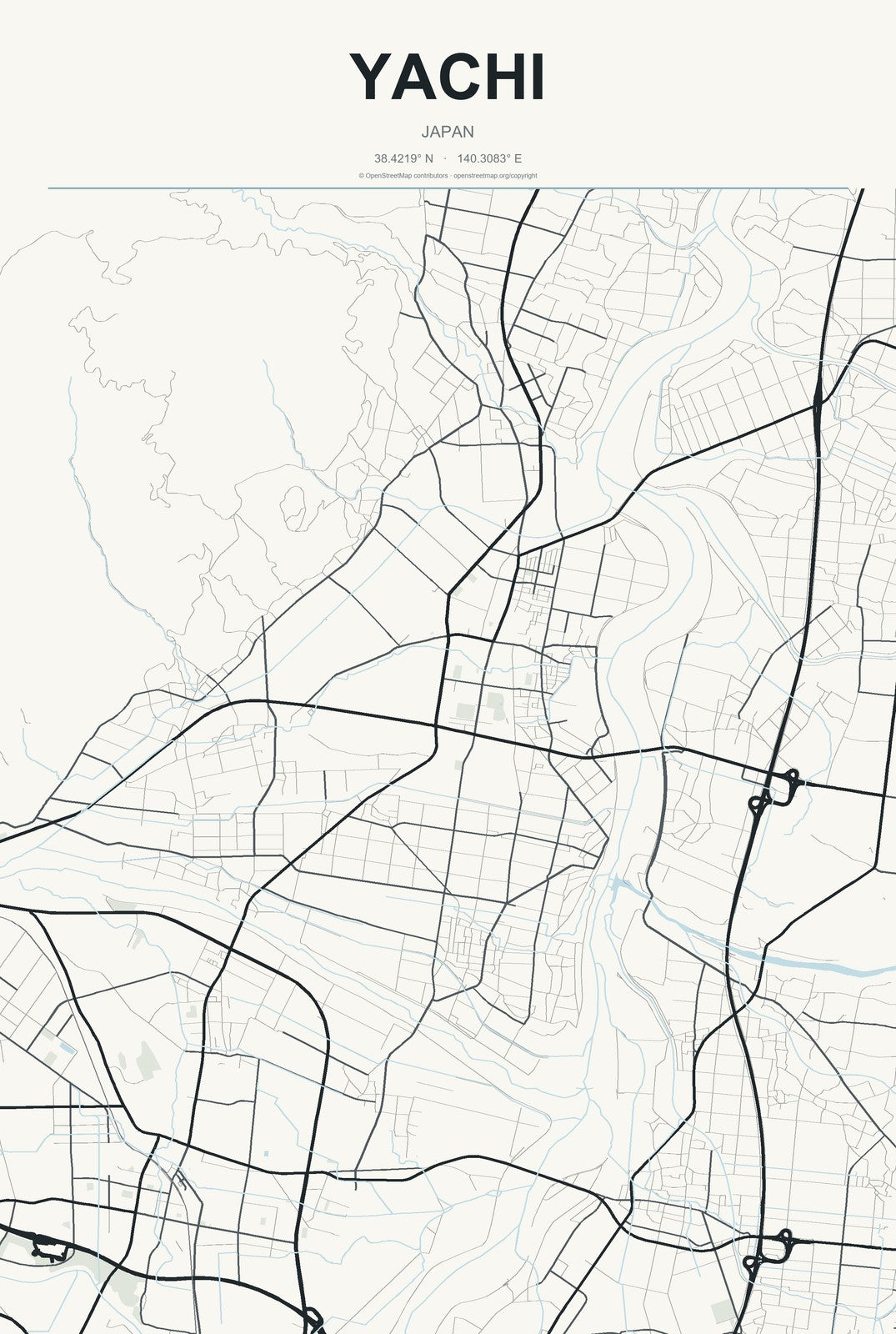 Yachi, Japan City Map Aluminum Sign in Headline Atlas style