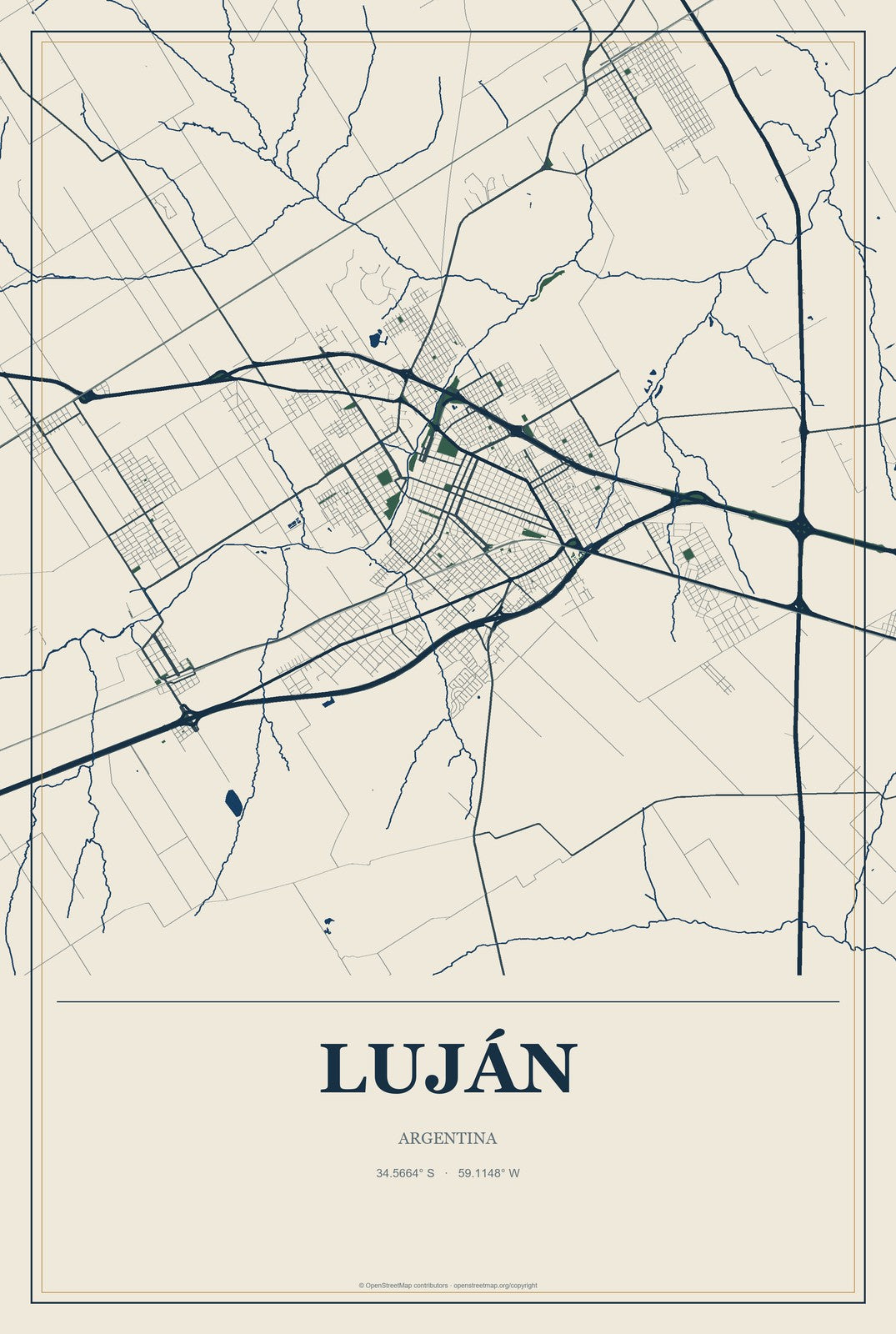 Luján, Argentina City Map Aluminum Sign in Coastal Cutout style