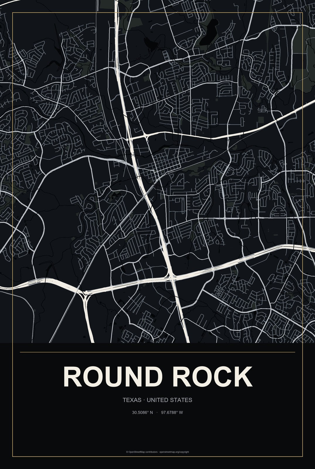 Round Rock, Texas City Map Aluminum Sign in Metropolitan Noir style