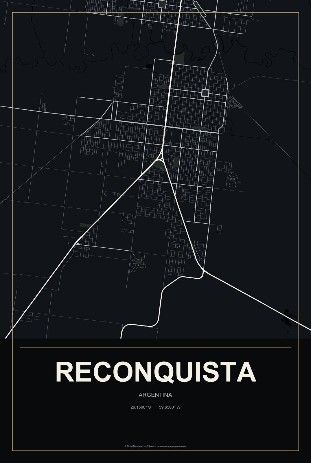 Reconquista, Argentina City Map Aluminum Sign in Metropolitan Noir style