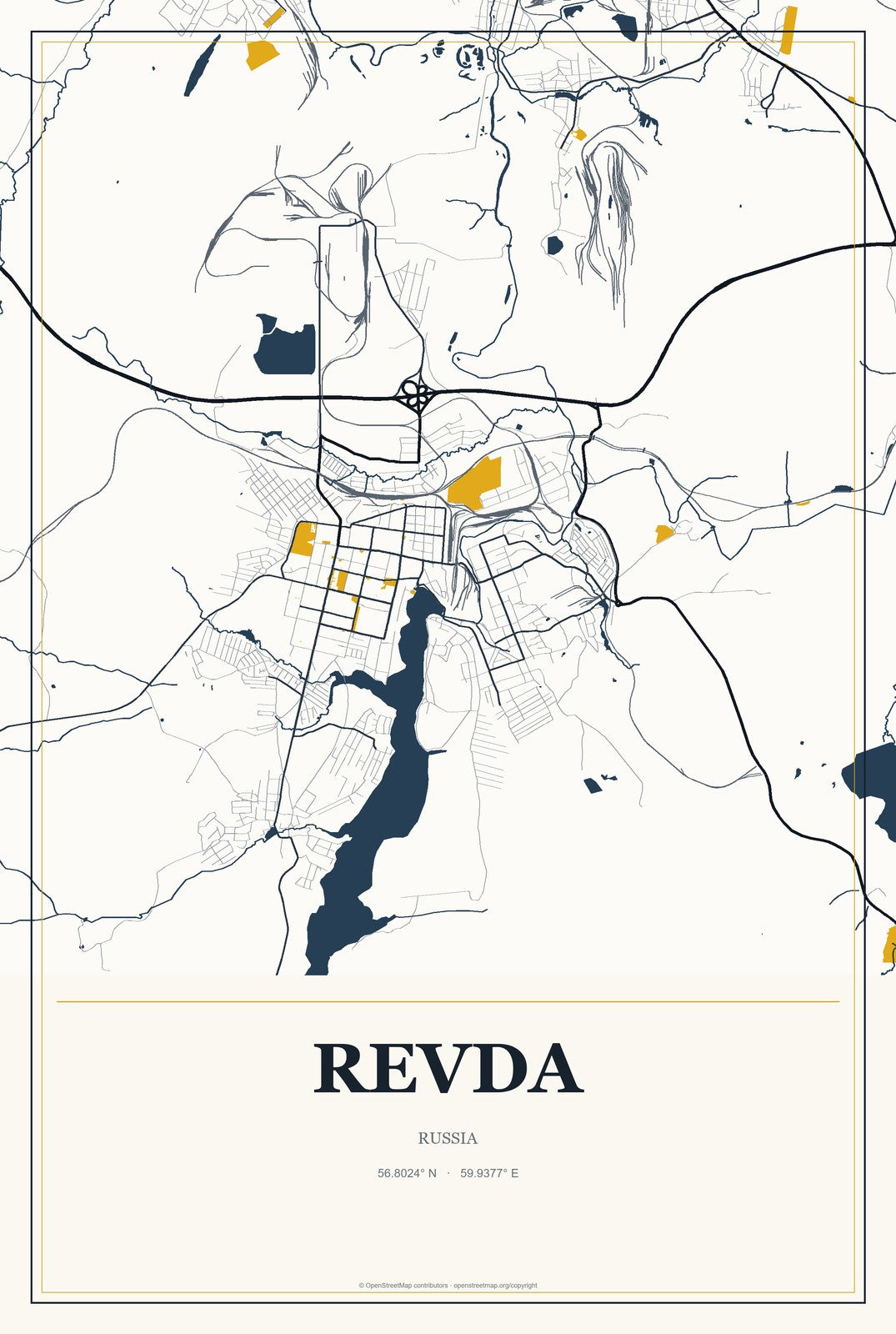 Revda, Russia City Map Aluminum Sign in Citrine Modern style